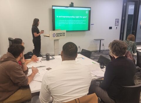 Participants gained practical insights into building a lean canvas at Edmonton Unlimited's Business Model 101 led by Hillary Sweet on April 9, 2026.