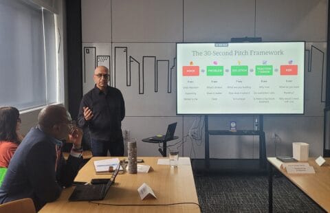 Founders collaborated on refining their pitches, offering feedback to each other during session two of Masterclass: Get Ready, Set, Raise at Edmonton Unlimited on Wednesday, April 22, 2026.