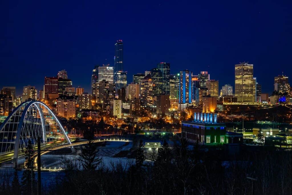 city skyline during night time